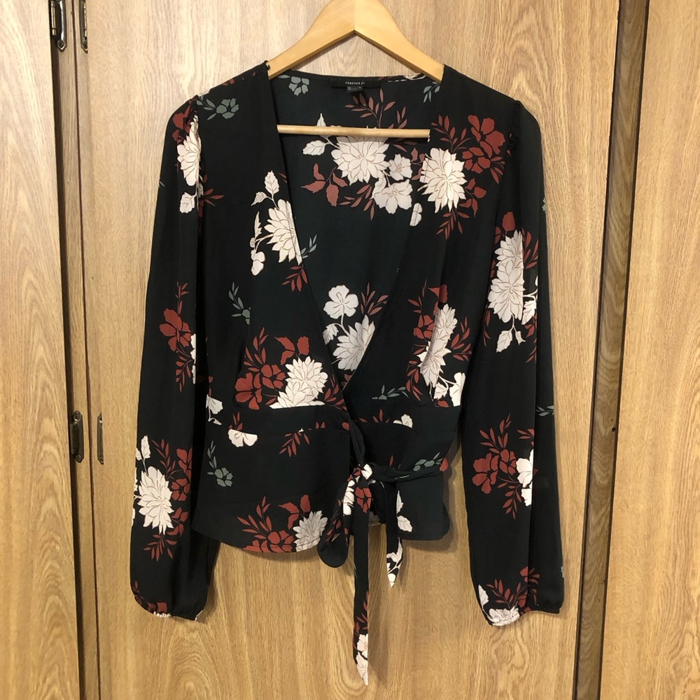 Forever 21 Black Floral Wrap Blouse with Cream & Rust Flowers